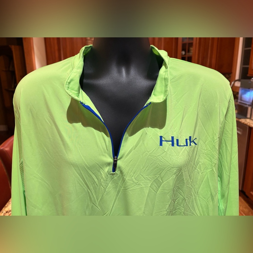 Huk Bright Green 1/4‎ zip Performance Pullover. Neon green with logos front/back